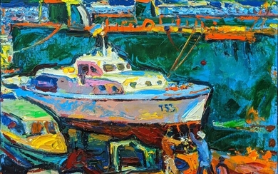 Andriy Chebotaru (né en 1982, Ukrainien), Scène impressionniste de chantier naval, huile sur toile, signée...