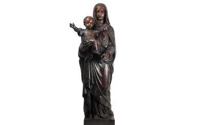 Antieke vrij grote hout sculptuur : "Madonna met kind" - hoogte :...