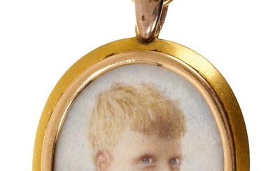 Antique 18ct gold and diamond locket containing a portrait miniature on ivory of a boy, the reverse signed Margaret Ellsmoor, Worthing, hallmarked London 1911. 44 x 30mm.