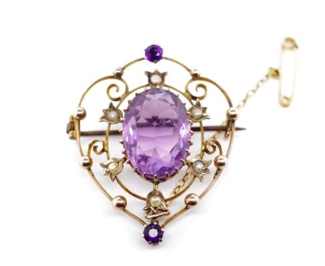 Antique Australian 9ct rose gold brooch set with amethysts a...