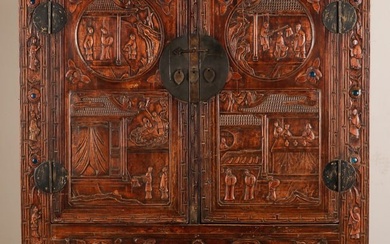 Antique Chinese Carved Wardrobe Cabinet, Late 19th C., H: 6'1"