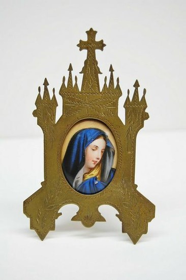 Antique French Wall Hanging with Enamel of Mary +