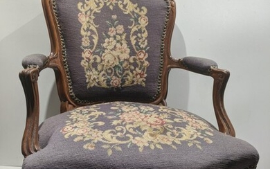 Antique French Walnut Embroidered Upholstered Arm Chair