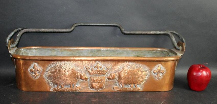 Antique French copper fish poacher with crest