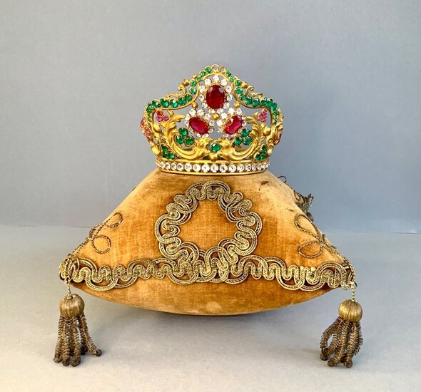 Antique Santos Crown on Cushion - Glass, Ormolu - 19th century