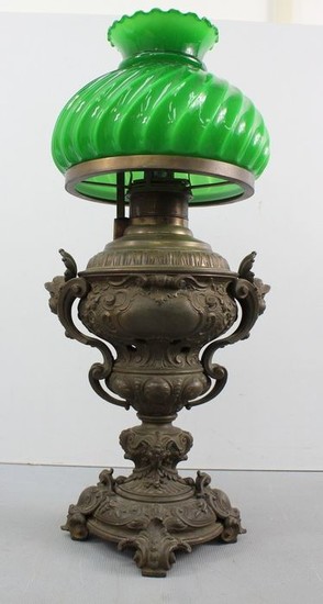 Antique oil lamp with mascarons and goat heads - Historicism - Bronze (patinated), Glass - Late 19th century