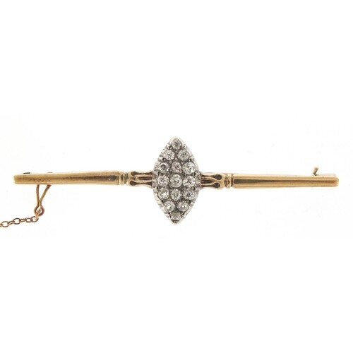 Antique unmarked gold diamond marquis cluster bar brooch, th...