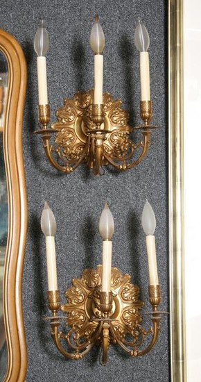 Antiques, Pair of Three Candle Wall Sconces, Brass