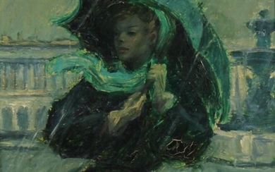 Antoine SERNEELS (1909-?) Femme au parapluie Huile sur panneau signée en bas à droite 40,5 x 33 cm.