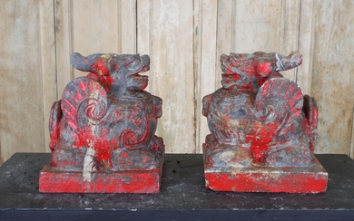 Archaic Chinese Stone Qilin or Pixiu Guardians