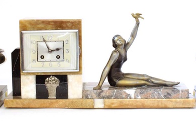 Art Deco Marble Mantel Clock and Garniture
