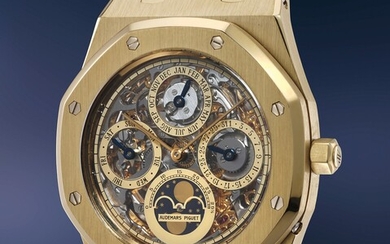 Audemars Piguet, Ref. BA25636 An early, massive and very impressive yellow gold perpetual calendar automatic wristwatch with moonphases, skeletonized dial, bracelet, certificate and boxes