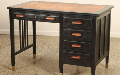 Austrian ebonized mahogany two-tone leather top desk with bronze sabot and pull out slides C 1920.