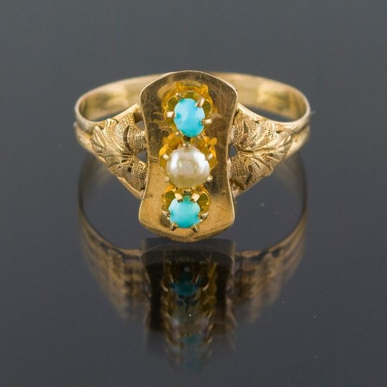 Authentic Antique - 18 kt. Yellow gold - Ring Turquoise - Pearl