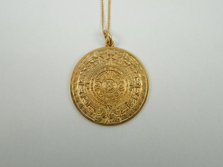Aztec Calendar Disc Gold Pendant Necklace.