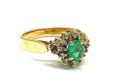 B & G Marked - One of a Kind Ladies Size 7 14k Gold, Emerald and Diamond Ring