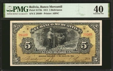 BOLIVIA. El Banco Mercantil. 5 Bolivianos, 1911. P-S173b. PMG Extremely Fine 40.