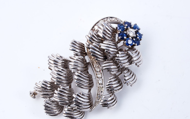 BROOCH, 18k white gold, diamonds and sapphires, in organic form of leaves and flora, stamped.