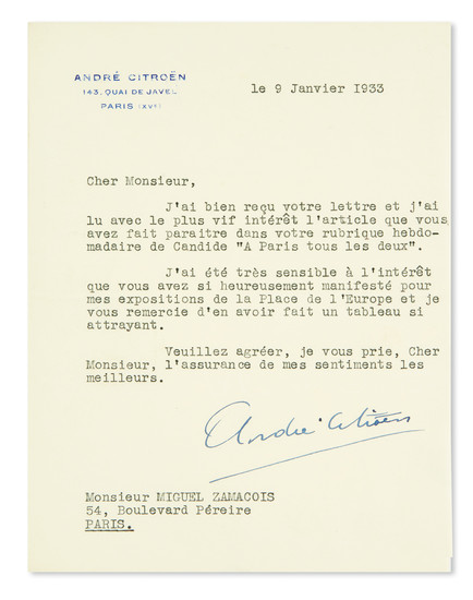 (BUSINESS.) CITROËN, ANDRÉ. Typed Letter Signed, to journalist and author Miguel Zamacois, in...