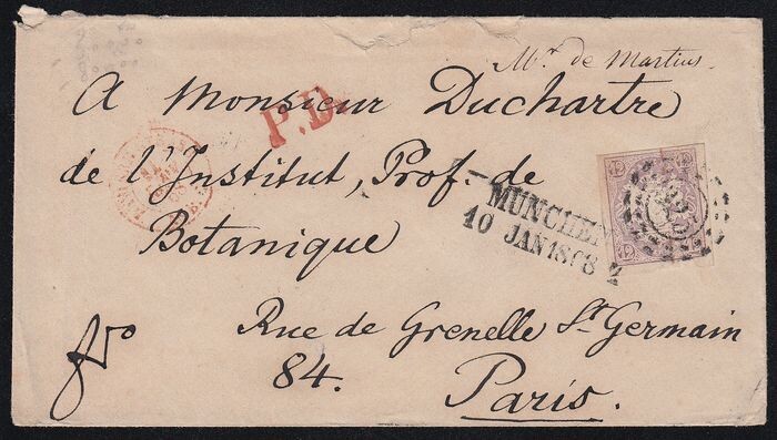 Bavaria 1867 - Single franking, expertised, with photo expert finding - to the botanist Mon. Duchartre - Michel 18