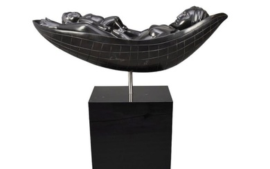 Bernard Simon (Russian-American, 1896-1980) Marble Sculpture of Mother & Child in a Canoe - A black