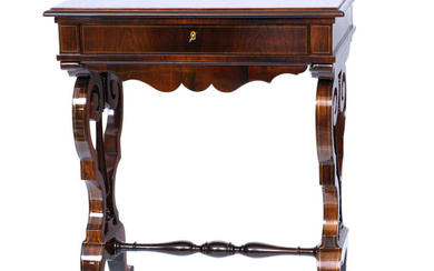 Biedermeier style table Middle of 19th century. Rosewood veneer, brass marquetry, professional restoration. Height 75 cm, width 63 cm, depth 45 cm