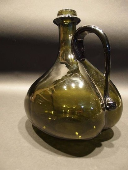 Blown Onion Bottle With Handle Black Green Glass