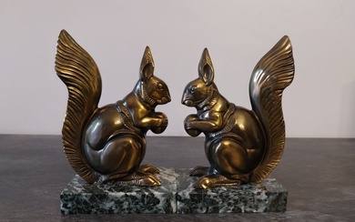 Bookends - Art Deco Squirrel - Marble, Spelter