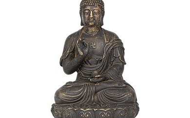 Bouddha Shakyamuni . Bouddha en bronze bleuté avec inscription au dos, Chine, XXe siècle. Hauteur...
