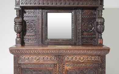 British Heavily Carved Oak Mirror Back Buffet