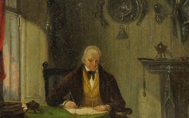 British School, early/mid-19th century- Portrait of a gentleman seated full-length in his study; oil on panel, 13 x 10 cm. Note: by repute, the sitter is Sir Walter Scott (1771-1832).