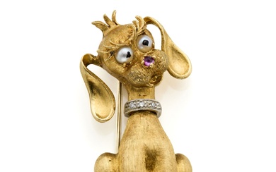 Broche en or blanc partiellement ciselé en forme de chien avec collier en platine diamanté,...