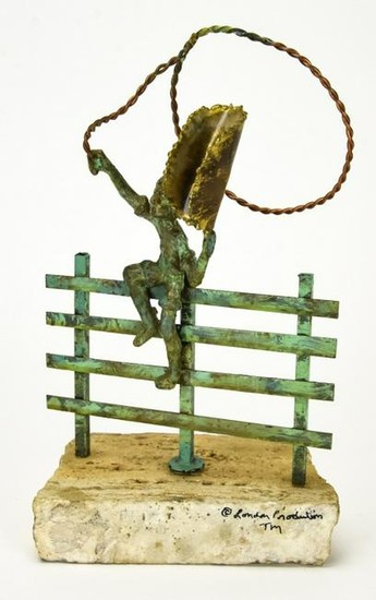 Bronze & Marble Sculpture Young Cowboy on Fence