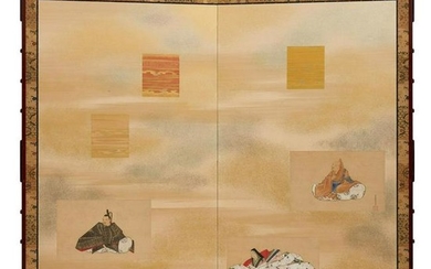Byobu-screen with paintings by Sat? Mitsuoki