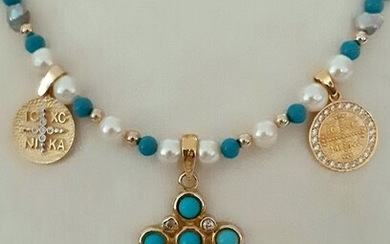 Byzantine revival Necklace 22 kt. - 14 kt. Akoya pearl, Yellow gold - Pendant - Turquoise, Grey Pearls - Topaz