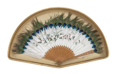 CASED FEATHER AND SANDALWOOD FAN Tipped with peacock "eyes". Goose feathers painted with a charming array of birds and flowers. Carv...