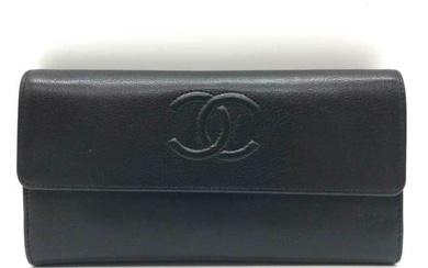 CHANEL Long Wallet Bifold Black Here Mark Ladies Leather