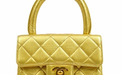 CHANEL Quilted CC Mini Square Hand Bag Gold Lambskin France Purse