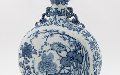 CHINESE BLUE & WHITE MOON FLASK FLORAL VASE