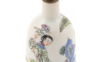 CHINESE FAMILLE ROSE PORCELAIN SNUFF BOTTLE Late 19th Century Height 2.5". Red glass stopper.