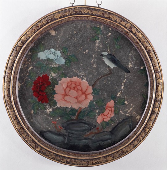 CHINESE REVERSE PAINTING ON GLASS OF BIRD, FLOWERS AND ROCKWORK, QING DYNASTY (18TH/19TH CENTURY)