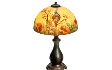 CLASSIQUE Poppy and Peacock Table Lamp circa 1920 reverse painted...
