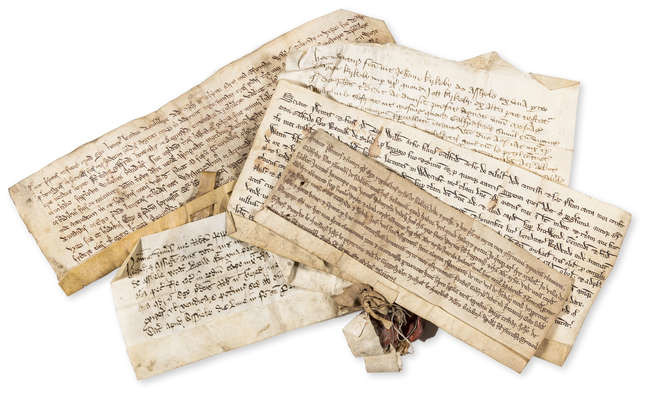 Cambridgeshire, Silverley.- Reginald Arsic have granted land in the village of Silverley, [c. 1280]; Silverley. Henry Berastoe by this charter confirm to Walter Coleman of land in Silverley, [c. 1300]; and 3 others (5 pieces).