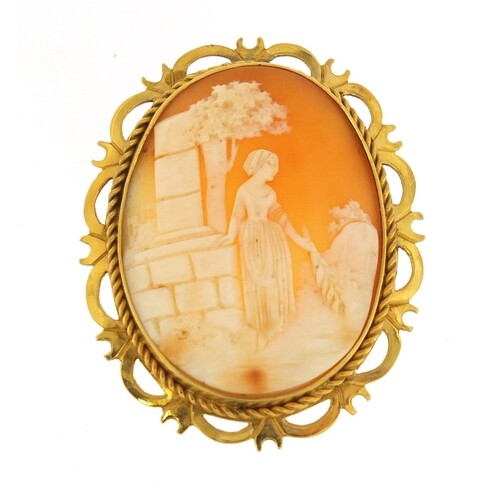 Cameo brooch with 9ct gold mount, depicting a female with wh...