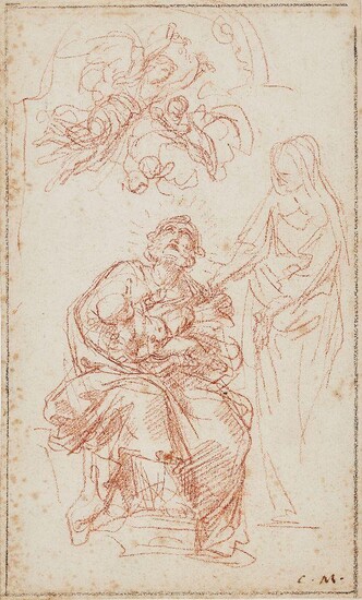 Carlo Maratta, Italian 1625-1713- The Holy Family, with Saint Joseph embracing the Christ Child; red chalk on laid paper, bears initials 'C.M.' (lower right), 24 x 14.4 cm., (unframed). Provenance: Private Collection. Note: We are grateful to Dario...