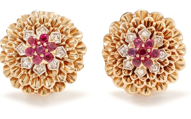 Cartier, A Pair of Diamond, Ruby and Gold Earrings