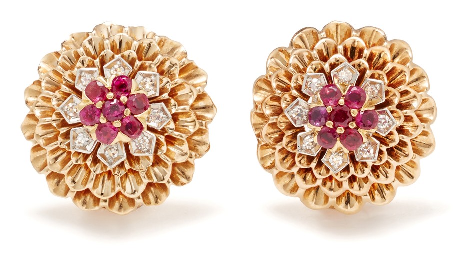 Cartier, A Pair of Diamond, Ruby and Gold Earrings