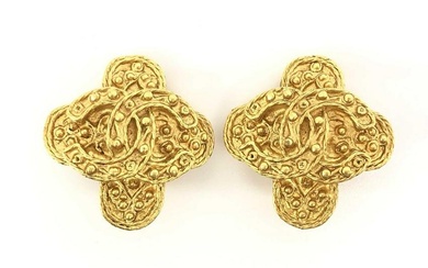 Chanel Gold-tone Metal CC Arabesque Logo Cross Shape Clip-on Earrings