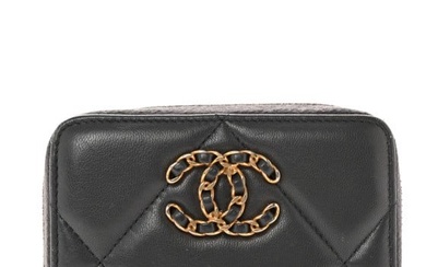 Chanel Lambskin Quilted Chanel 19 Zip Around Coin Purse Wallet Dark Grey