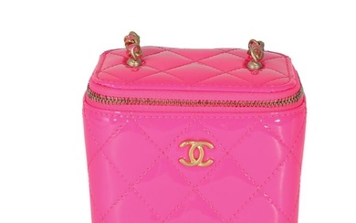 Chanel Neon Pink Quilted Patent Pearl Crush Mini Vanity Case